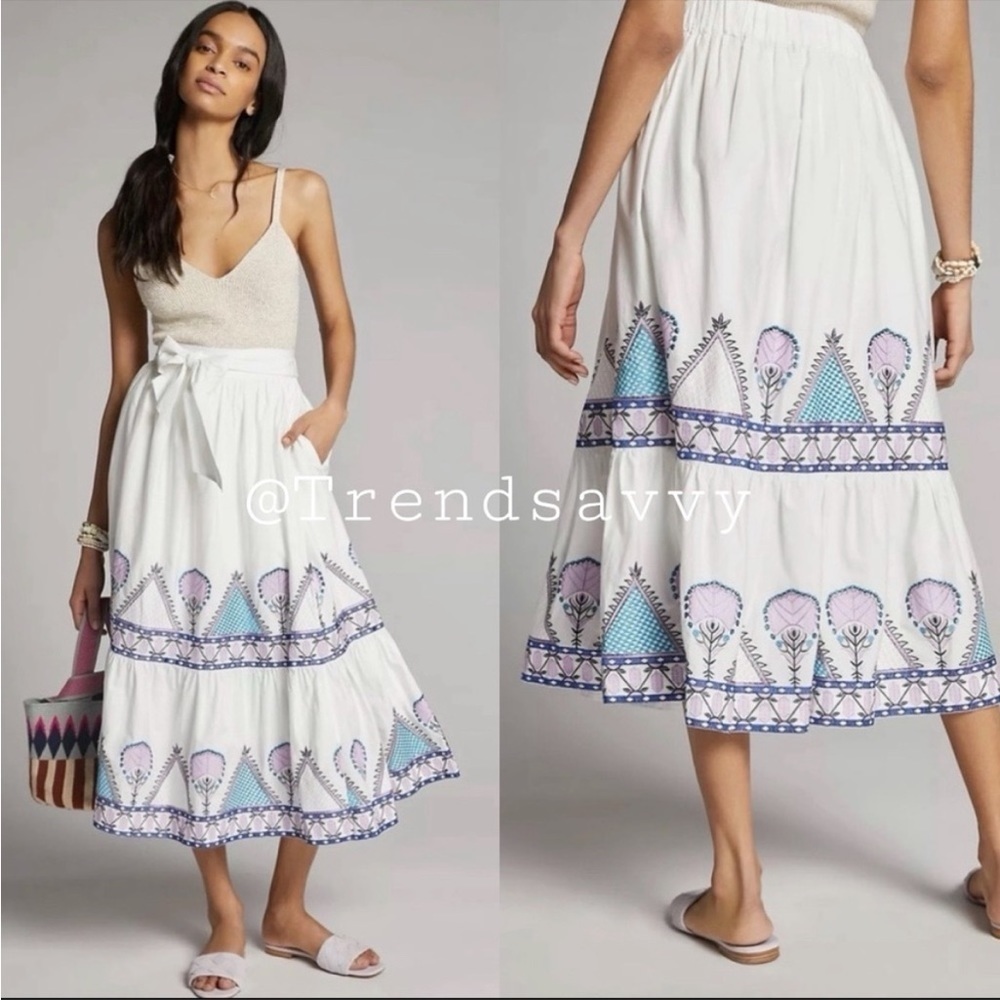 Anthropologie Magda Embroidered Tiered Midi Skirt White Blue XL NWT Boho